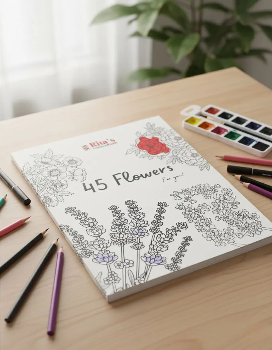 Coloring book titled '45 Flowers' by Rita’s Garden Path resting on a wooden desk beside colored pencils and watercolor paints, with a green houseplant in the background.