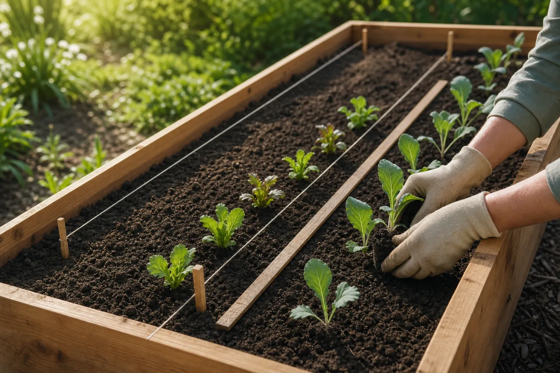 Gardener measuring evenly spaced vegetable seedlings in a cedar raised bed with string lines and a wooden measuring guide