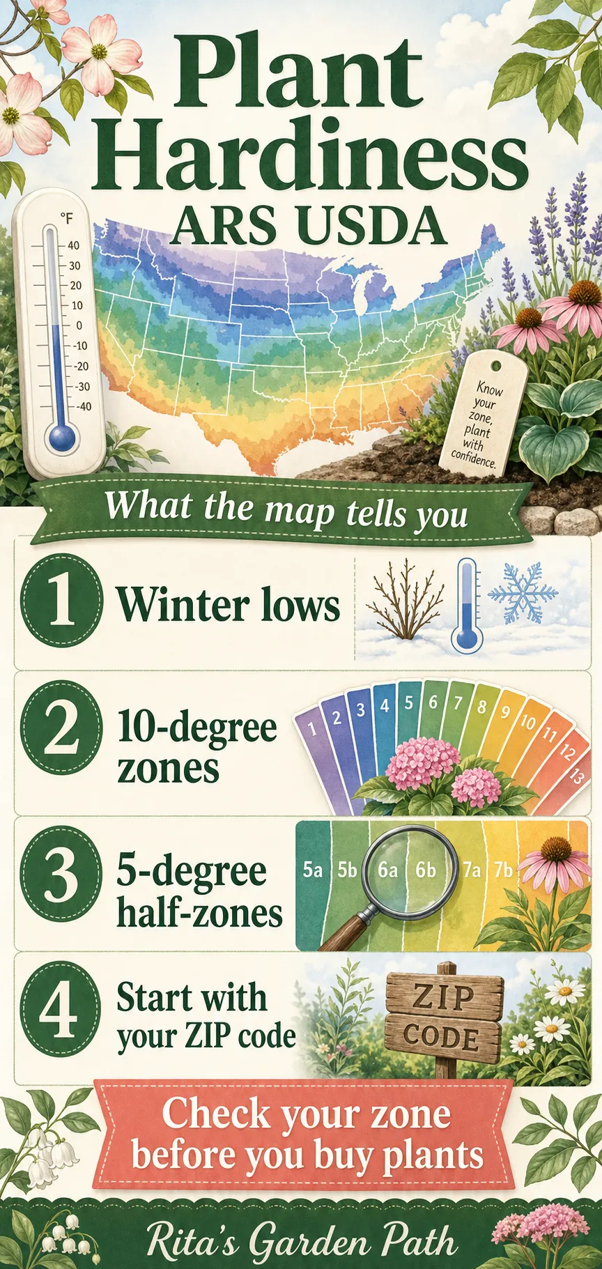 Plant Hardiness ARS USDA infographic showing winter lows, 10-degree zones, 5-degree half-zones, and ZIP code lookup.