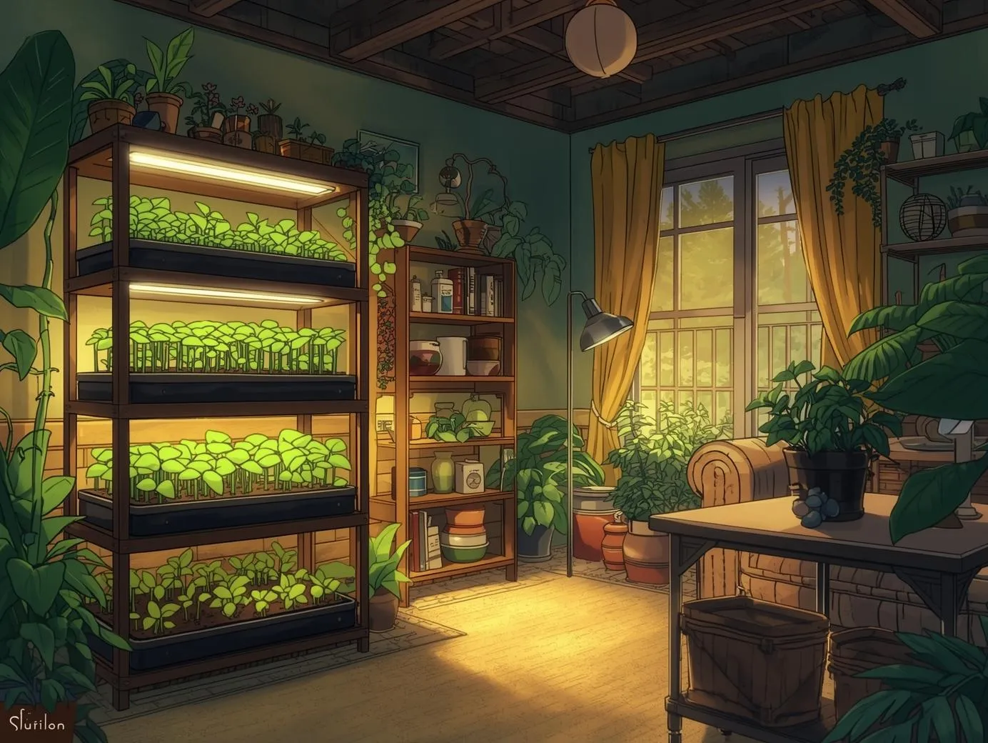 Thriving indoor garden with herbs and vegetables growing under grow lights