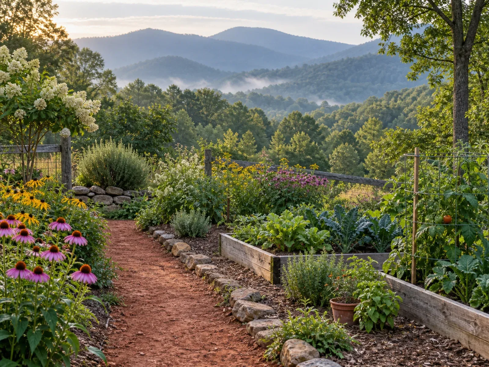 A North Carolina garden with native flowers, vegetable beds, a red-clay path, and the Blue Ridge Mountains in morning mist