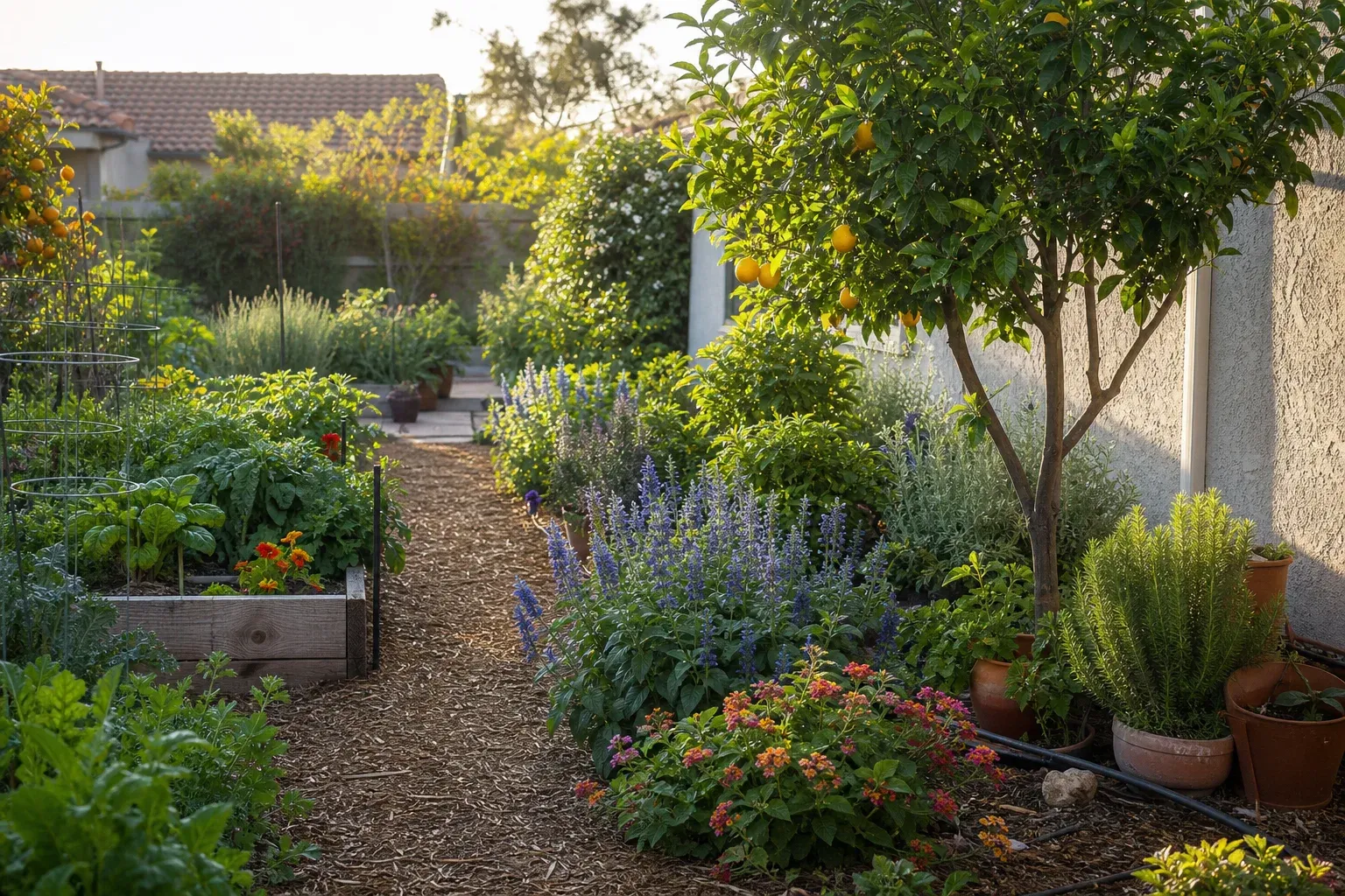 A warm-climate home garden with a lemon tree, flowering salvia, rosemary, raised vegetable beds, mulch, and drip irrigation in early morning light