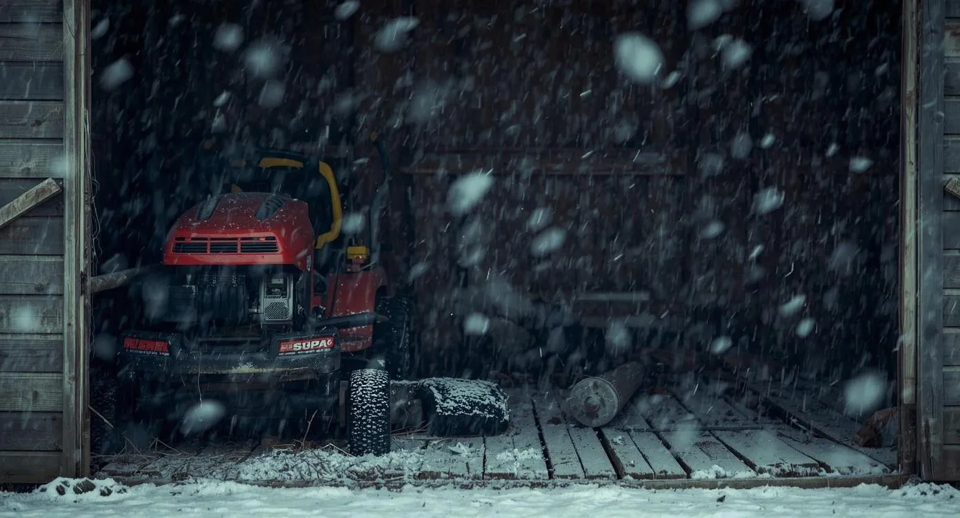Lawn mower being prepared for winter storage with cleaning tools and maintenance supplies