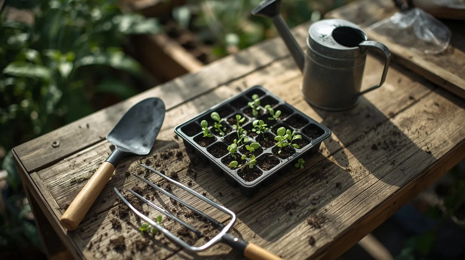Tray of young vegetable seedlings on a wooden potting bench beside a garden trowel, hand rake, and metal watering can, suggesting winter seed starting for vegetables you can grow in January in various USDA zones.