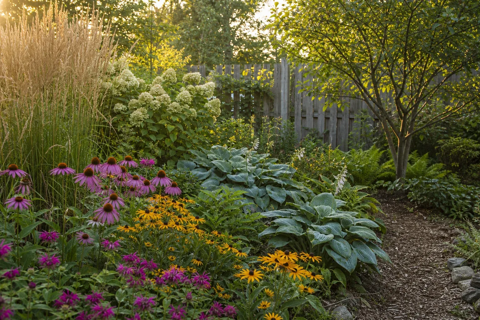 A mature Zone 5b perennial garden with coneflowers, black-eyed Susans, bee balm, hostas, panicle hydrangea, switchgrass, and a serviceberry tree