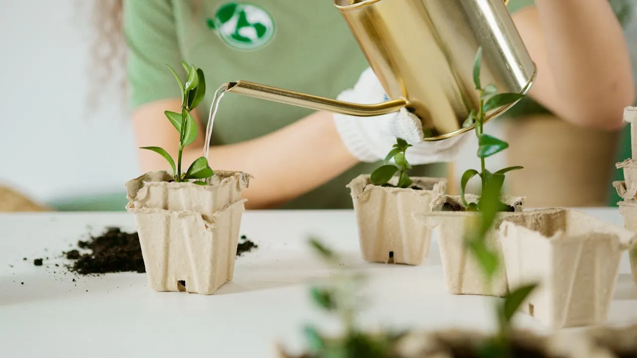 Hands holding small potted seedlings, showing young plants ready for transplanting, useful for learning when to plant seeds by USDA zone.